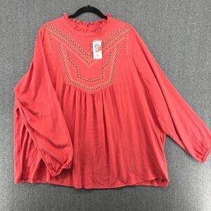 Torrid Womens 2X Coral Orange Embroidered Ruffle Neck Peasant‎ Blouse Top NEW